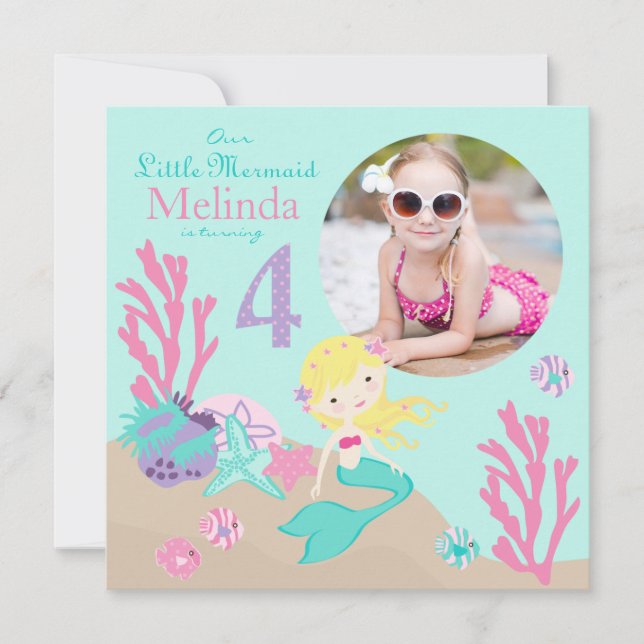 Invitación a la sirena rubia por cuarto cumpleaños (Anverso)