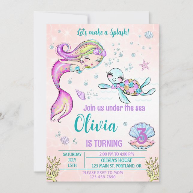 Invitación a la sirena y a la tortuga de cumpleaño (Anverso)