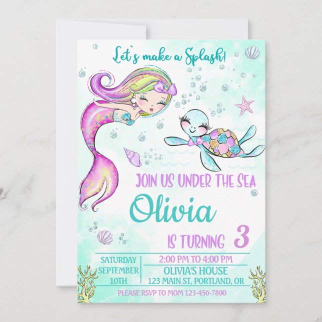 Invitación a la sirena y a la tortuga de cumpleaño (Anverso)