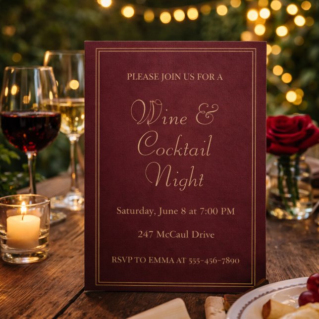 Invitación a la Soireé de Vino Rojo Intenso (Deep red wine soirée with gold accents, perfect for refined backyard cocktail evenings)