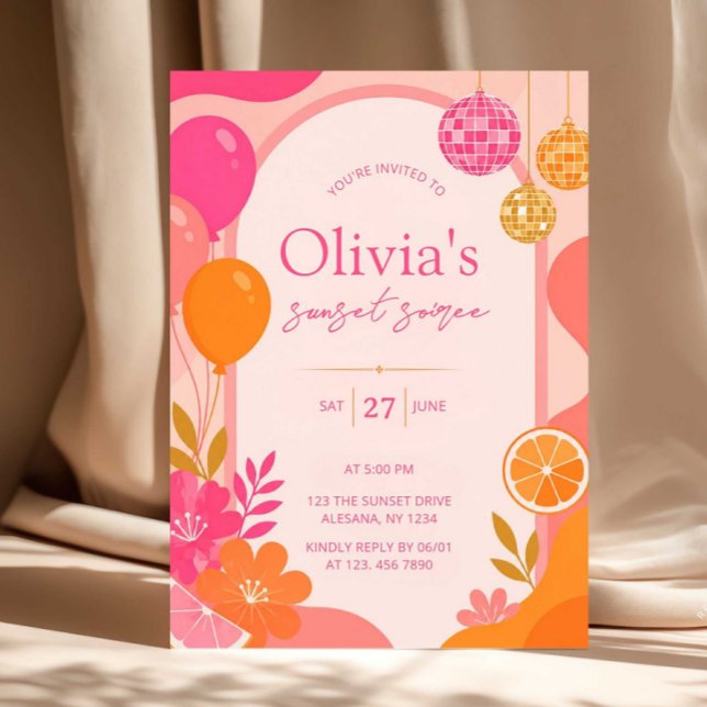 Invitación a la Soirée del Atardecer Moderno Tequi (sunset soiree invite, summer party invite, editable canva invite, retro summer invitation, tropical )