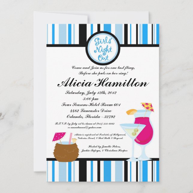 Invitación a la soltera Aqua Blue Cocktails 5x7 (Anverso)