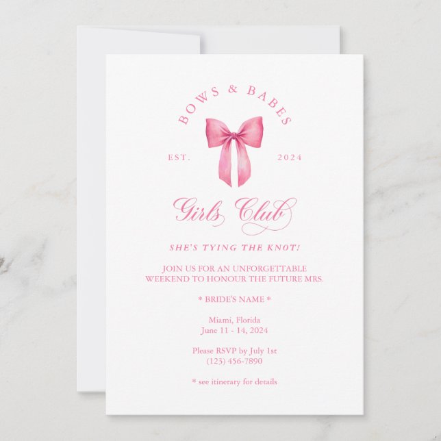 Invitación a la soltera del Club de Chicas Bows &  (Anverso)