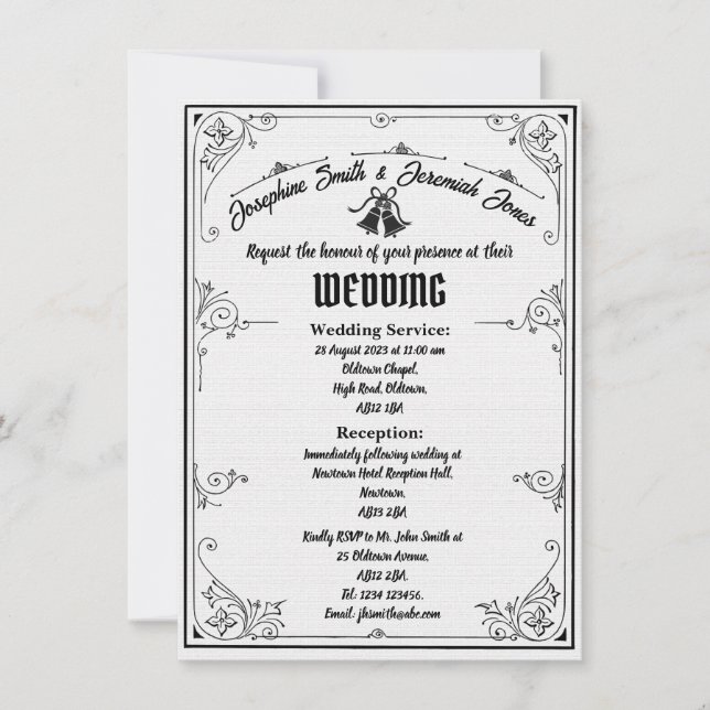 Invitación a la tarjeta de Boda con texto Bells e (Anverso)