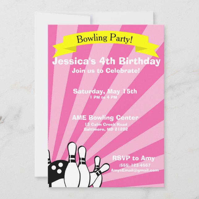 Invitación a la tarjeta de cumpleaños de boliche (Anverso)