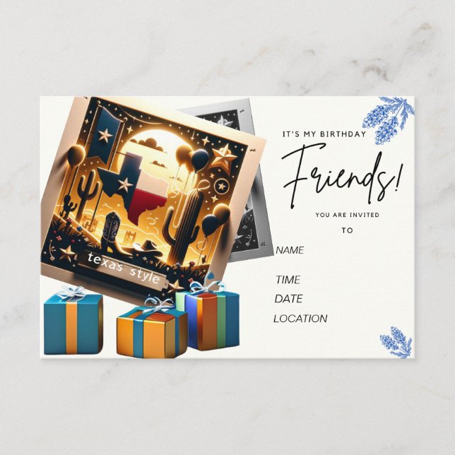 Invitación a la tarjeta de cumpleaños estilo Texas (Anverso)