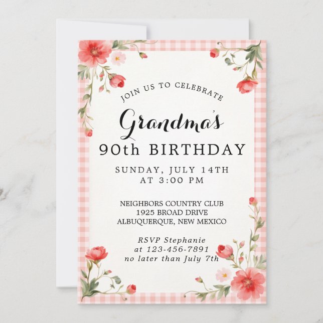 Invitación a la tarjeta de cumpleaños número 90 de (Anverso)