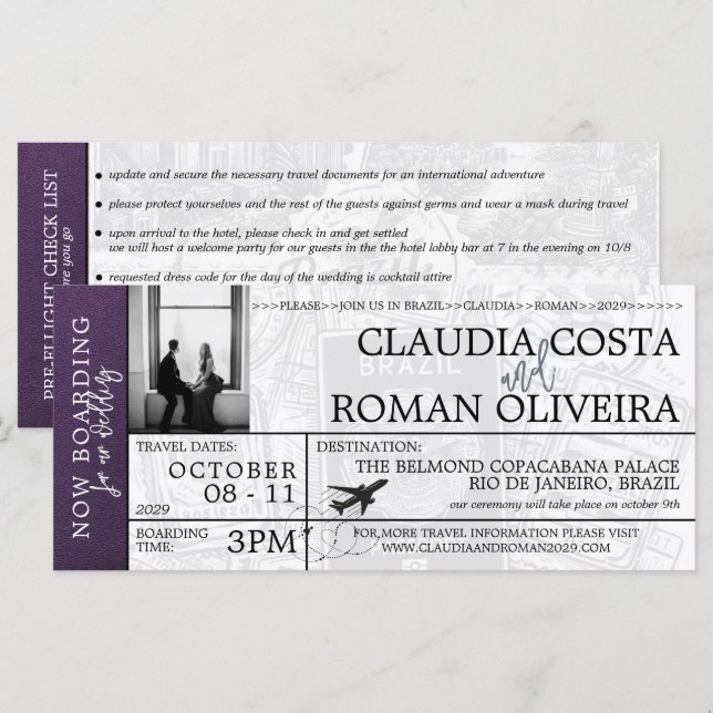 Invitación a la tarjeta de embarque de Boda de Bra (Anverso / Reverso)