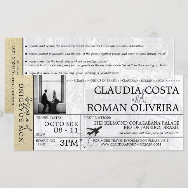 Invitación a la tarjeta de embarque para Boda bras (Anverso / Reverso)