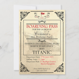 Invitación a la tarjeta de embarque Titanic