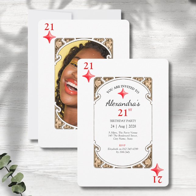 Invitación a la tarjeta de juego de diamantes de c (21st birthday party invitations in an art deco playing card style on a grey wood background.)