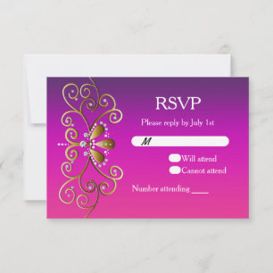 Invitación a la tarjeta RSVP de oro rosado púrpura