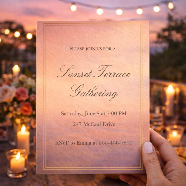 Invitación a la Terraza de la Puesta del Sol (Soft peach sunset terrace soirée with gold framing for a refined outdoor evening gathering)