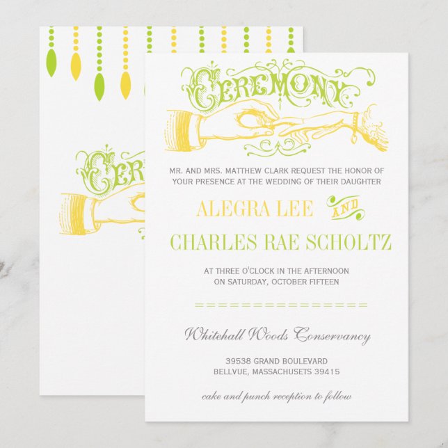 Invitación a la tipografía moderna amarilla y lima (Anverso / Reverso)