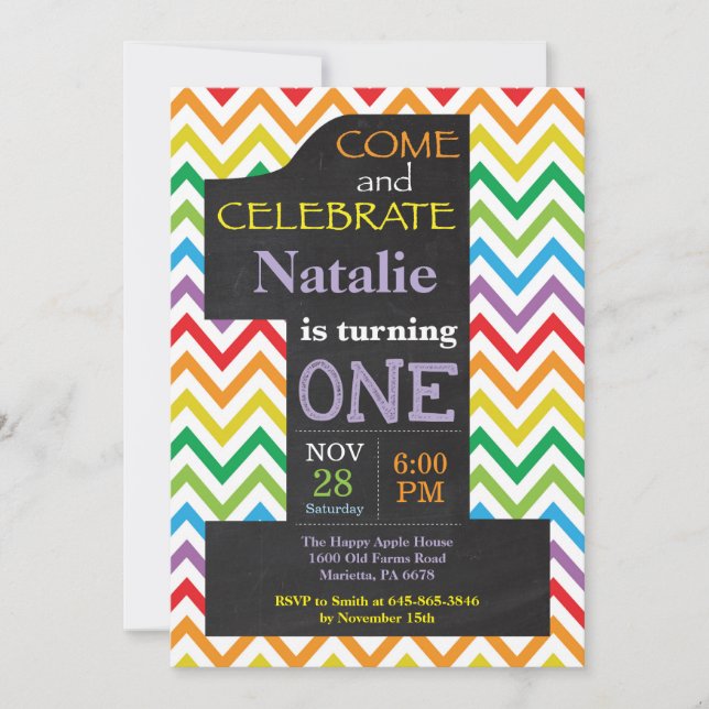 Invitación a la tiza de arcoíris para el 1er cumpl (Anverso)