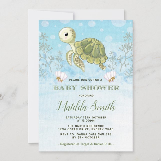 Invitación a la tortuga en Baby Shower bajo el océ (Anverso)