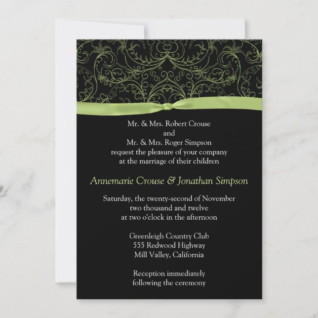 Invitación a la unión de cintas y pergaminos verde (Anverso)