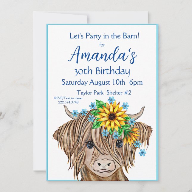 Invitación a la vaca Highland, fiesta de cumpleaño (Anverso)