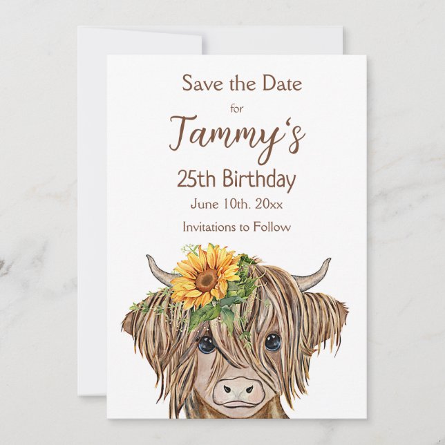 Invitación a la vaca Highland, fiesta de cumpleaño (Anverso)