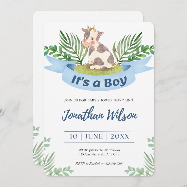 Invitación a la vaca loca de Baby Shower Baby Boy (Anverso / Reverso)