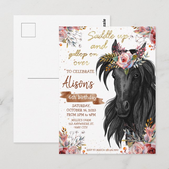 Invitación a la vaquera de cumpleaños de caballos  (Anverso / Reverso)