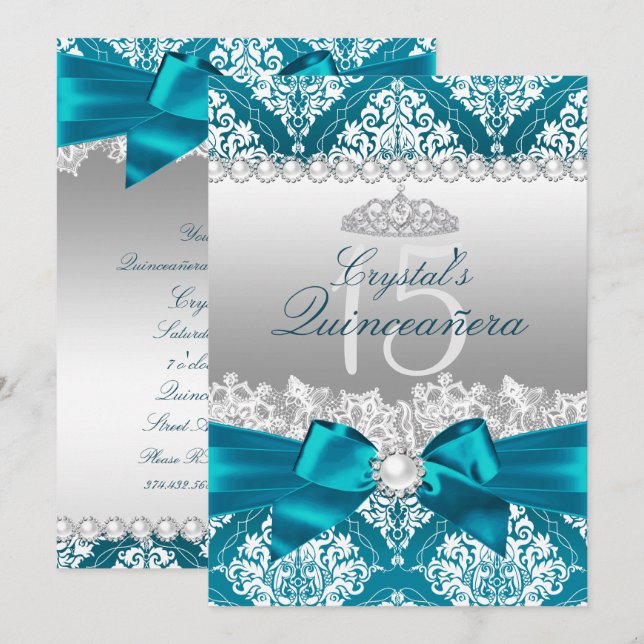 Invitación a la verde azulada perla de Damask Bow  (Anverso / Reverso)