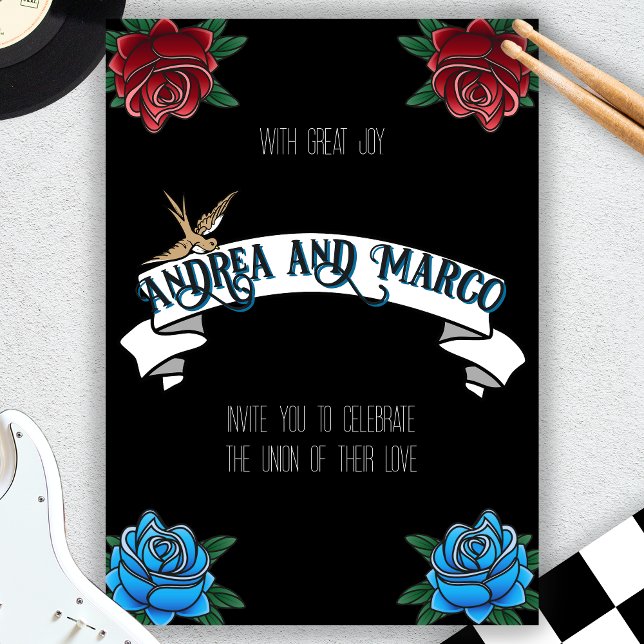 Invitación a la vieja escuela del tatuaje blanco y (rockabilly tattoo rock and roll wedding invitation )