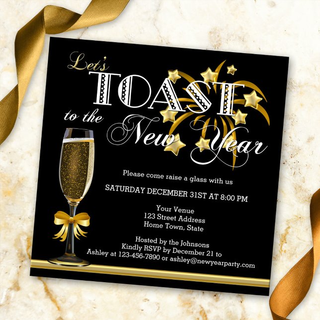 Invitación a la víspera de Año Nuevo de Black Gold (New Year's Eve party invitation in stylish black with gold champagne and fireworks)