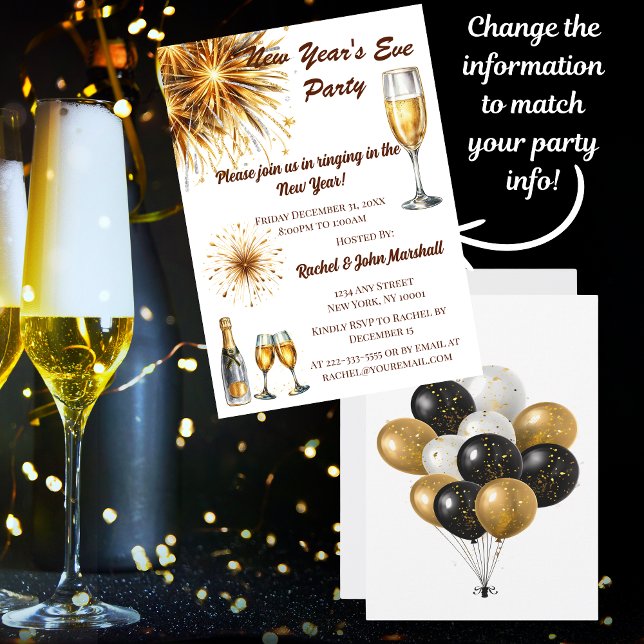 Invitación a la víspera de Año Nuevo de Champagne  (Send out your New Year's Eve Party invitation with style and elegance!)
