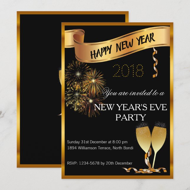 Invitación a la víspera de Año Nuevo Negro y Oro (Anverso / Reverso)
