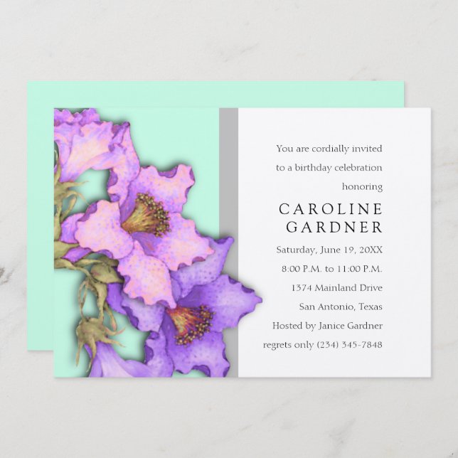 Invitación a las alisas moradas y rosas de cumplea (Anverso / Reverso)