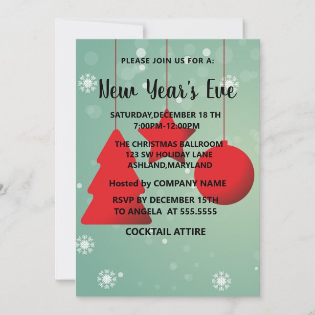 Invitación a las bolas de Año Nuevo Rojo, elegante (Anverso)