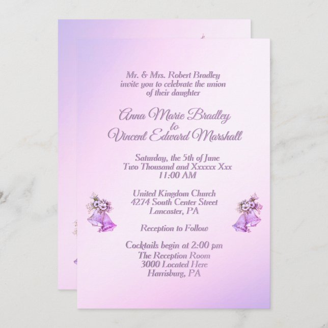 Invitación a las campanas Boda Lavender (Anverso / Reverso)