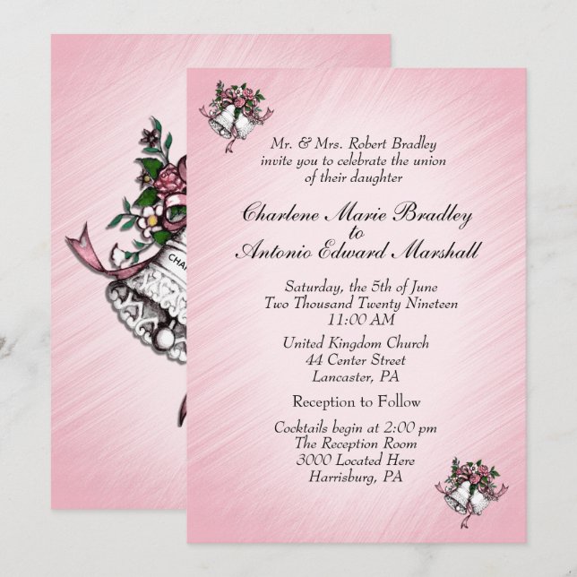 Invitación a las campanas Bodas rosas (Anverso / Reverso)