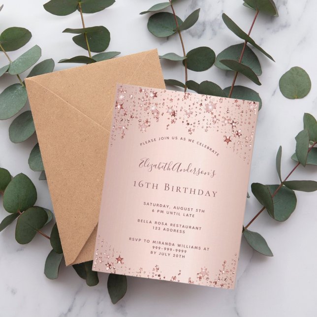 Invitación a las estrellas de oro rosa Sweet 16 (Subido por el creador)