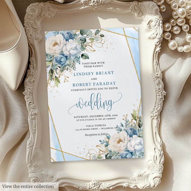 Invitación a las Flores de oro del sabio azul past (Whimsical Pastel Blue Sage Gold Flowers Invitation)