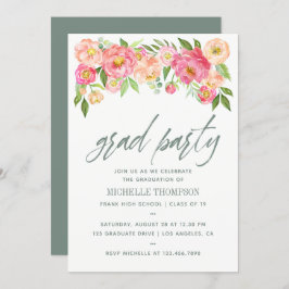 Invitación a las flores de Peony Party de graduaci
