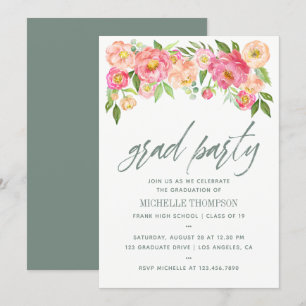 Invitación a las flores de Peony Party de graduaci