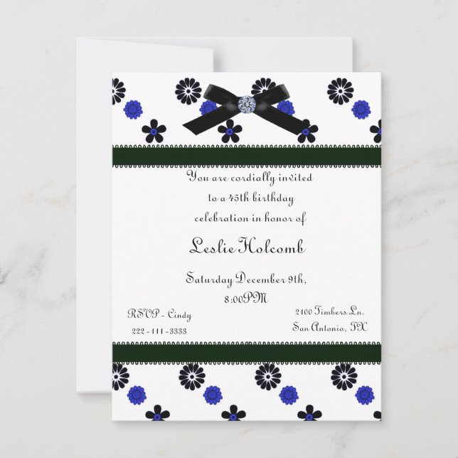 Invitación a las flores funky azul y negro (Anverso)