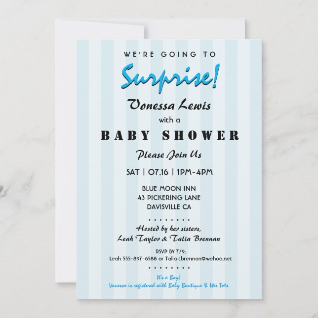 Invitación a las franjas azules de Baby Shower de  (Anverso)