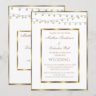 Invitación a las luces de hadas de oro blanco boda