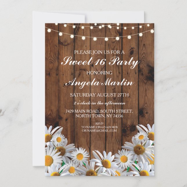 Invitación a las luces de madera de margarita de 1 (Anverso)