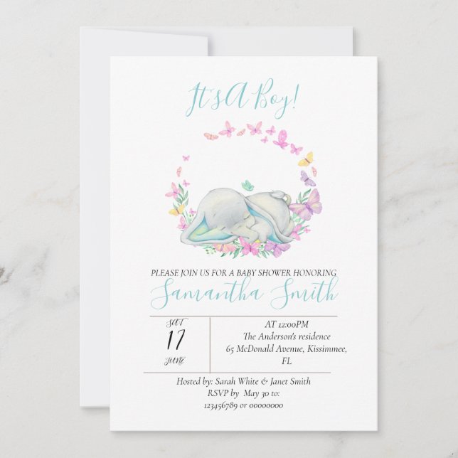 Invitación a las mariposas Elephant Baby Shower (Anverso)