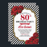 Invitación a las mujeres por el 80 cumpleaños de R<br><div class="desc">CUALQUIER EDAD.Todo el texto es editable.
Consigue esta elegante y glamorosa invitación para la fiesta de cumpleaños a cualquier edad.
Diseñado con un marco purpurina de color rojo y dorado. Las rayas blancas y negras aportan un toque de moda moderna.
¡Consigue esta bella invitación ahora!</div>