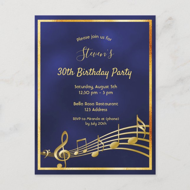 Invitación a las notas de oro azules de 30 años (Anverso)