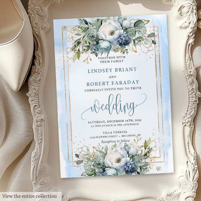 Invitación a las Peonies Bohemias de Oro Blanco Du (Bohemian Dusty Blue White Gold Peonies Invitation)