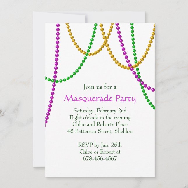 Invitación a las perlas de Mardi Gras (blanco) (Anverso)