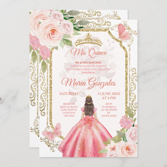 Invitación a las rosas rosadas y al vestido Charra (Anverso / Reverso)
