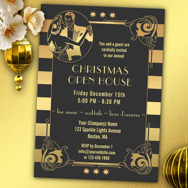 Invitación a las vacaciones de los Navidades Art D (Christmas Holiday invitation in a 30-ies and Gatsby inspired art deco style with golden stripes)