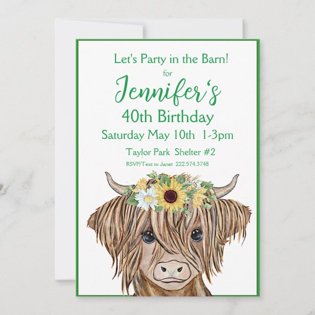 Invitación a las vacas de Highland, cumpleaños de  (Anverso)